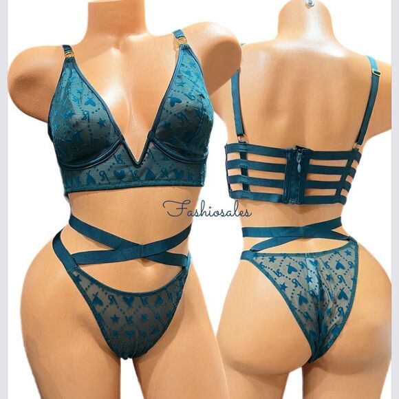 Victoria’s Secret LUXE Set Very Sexy Strappy Bra & Brazilian Slip Mesh Velvet XL - Picture 2 of 8